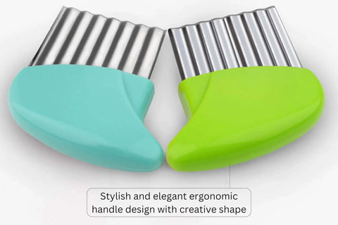 Two-Piece Stainless Steel Crinkle Cutter Set For Fries And Wavy Chips Veggies And Fruits with ergonomic green and blue handles.