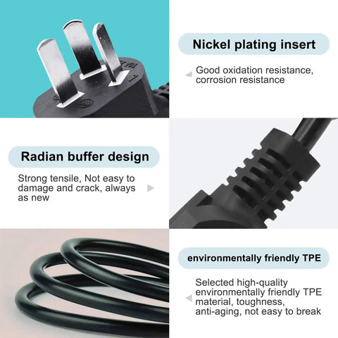 Details of 10ft Universal 3 Prong Treadmill Power Cord Replacement including nickel plating, radian buffer, and TPE material