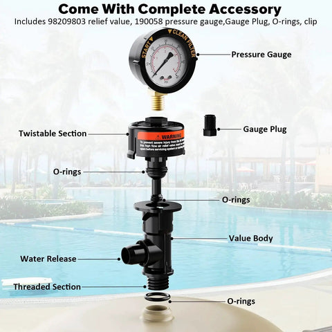 Manual Air Relief Valve For Pool And Spa Filters With Pressure Gauge Replacement Includes Gauge Plug O Rings And Clips