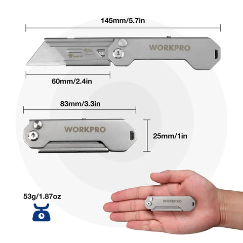 Two Pack EDC Folding Utility Knife With Quick Open Axis Lock Includes 10 Blades shown with size dimensions and weight, held in hand.