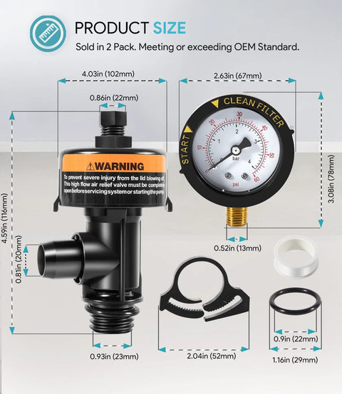Sixcow high-flow manual relief valve with pressure gauge for pool and spa filter; black plastic body with gauge dial