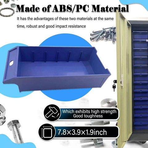 60 Drawer Parts Cabinet Nut And Bolt Organizer Lockable Metal Bin Cabinet With Partitions Labels And Doors For Hardware Storage In Garage Workshop Built To Last showing ABS/PC material drawers with blue partition.