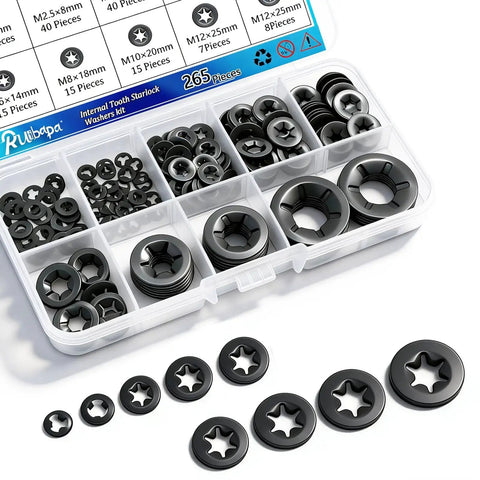 Top view of Ruipaba 265-piece internal-tooth star lock washers set in a clear plastic storage box with 9 sizes.