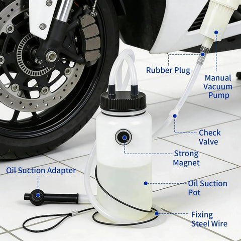 MR CARTOOL brake bleeder kit 1L bottle with magnet mount and 66cm oil suction hose beside motorcycle front brake.