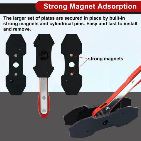 JoyFans brake caliper compression tool set with four spreader plates; black plates and red-handle, front view