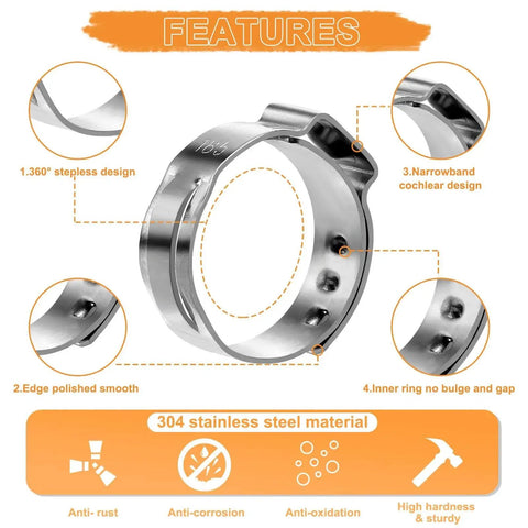 Pro Grade 120 Pcs Ear Hose Clamp Kit With 11 Sizes From 6 To 33.1mm Stepless Cinch Rings Crimp Assortment in 304 Stainless Steel features