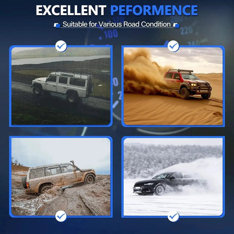 Collage of off-road vehicles showcasing performance on various terrains under 'Excellent Performance' title