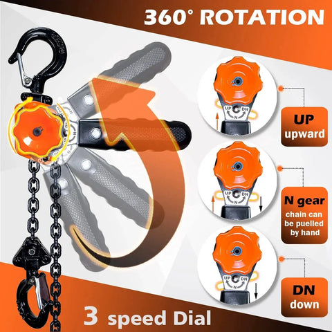 Mini Lever Chain Hoist One Quarter Ton 10 Foot Ratchet Chain Puller With Hooks showing 360-degree rotation and 3-speed dial