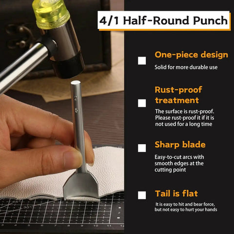 Using Nine Size Leather Punch Set With Half Round Punch And Leather Corner Punch on leather with hammer