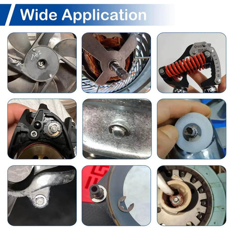 Stainless Steel Circlip Retaining Ring Assortment Kit in use on various mechanical assemblies, showcasing wide application.