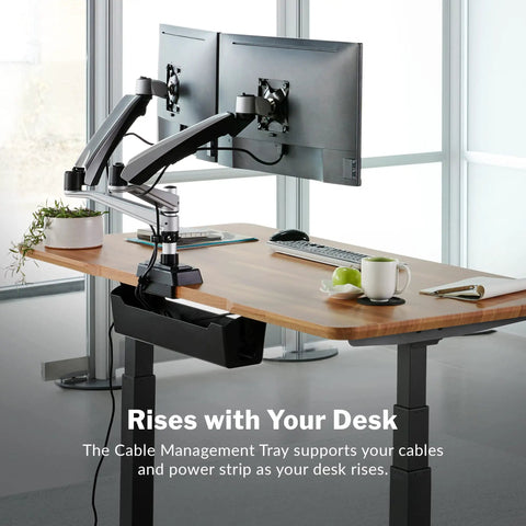 Under Desk Cable Management Tray For Sit Stand Desks, Keeps Cords Tidy And Out Of The Way, installed on electric standing desk