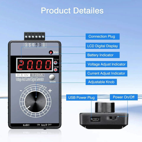 Front view of 2-In-1 Voltage And Current Signal Generator For PLCs with 0-10V and 0/4-20mA outputs, LCD display, and encoder knob.