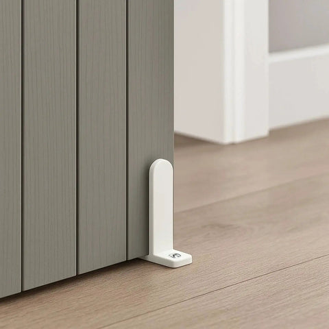Four Pack Closet Door Floor Guides For Universal Sliding Doors, bottom mounted, white ABS, installed on 1-3/8 inch door