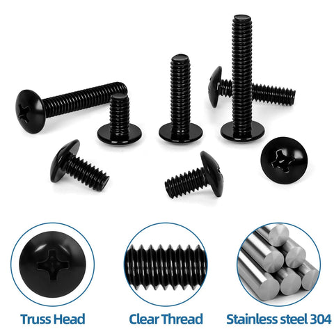 Go-To Heavy Duty 1/4-20 x 1/2 Inch Truss Head Machine Screws Full Thread In 304 Stainless Steel With Black Finish, 25 Pack