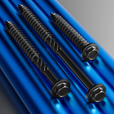 Heavy Duty Exterior Wood Lag Screws Set 43 Pieces 5.5x50mm Black Coated Hex Washer Head Rust Resistant lying on blue surface