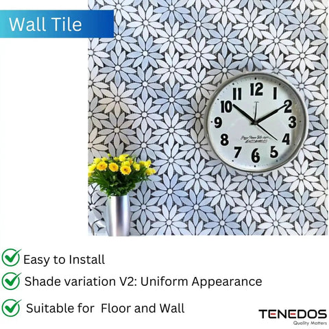 Daisy Flower Pattern Marble Mosaic Tiles In Celeste Blue And Thassos White with clock and vase, for floor and wall use by Tenedos.