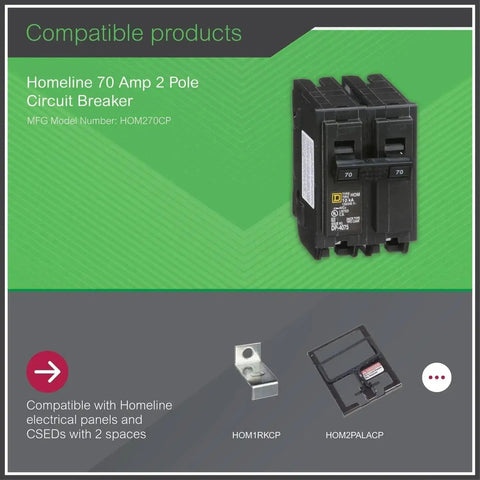 Homeline 70 Amp 2 Pole Circuit Breaker, 120/240 Volt AC, 10kA breaking capacity, residential electrical protection plug-in type