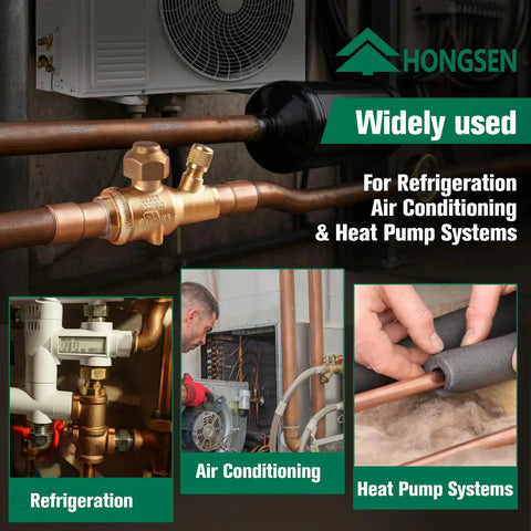 Beefy Brass Refrigeration Ball Valve Three Eighths ODF With Helium Leak Tested And Leak Proof Sealing High Pressure 900 PSI Copper Tube Solder Connection For Air Conditioning And Heat Pump Systems UL Listed Hong Sen installed in HVAC pipe system.