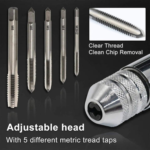 Ratchet T Handle Tap Wrench and 5 Metric Taps M3 M4 M5 M6 M8 Handy Two Way Adjustable Tapping Tool Kit for Home Workshop