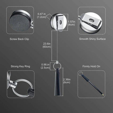 Diagram of a keyholder with dimensions, screw back clip, shiny surface, strong key ring, and firm hold indicator.