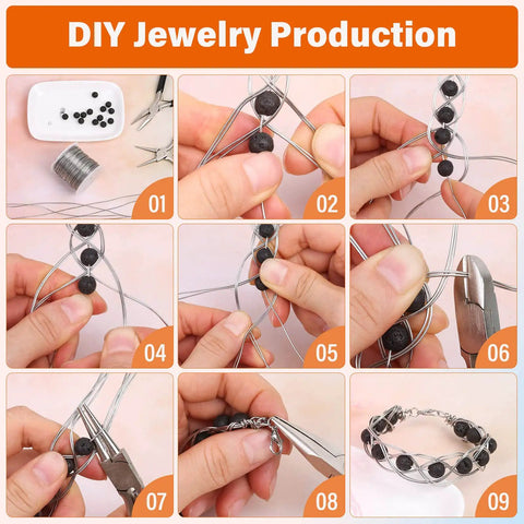 Step-by-step images of DIY jewelry production using 20 Gauge Stainless Steel Jewelry Wire for crafting bracelets.