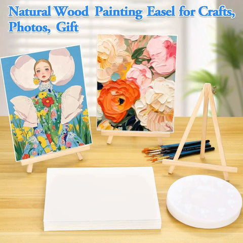 160 Piece Canvas With Easel Painting Kit Including Wooden Easel Blank Canvases 100 Brush Set And 30 Detail Liners Displayed