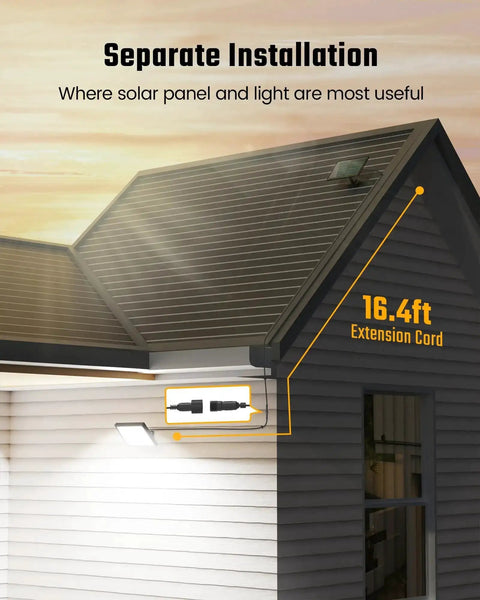 Diagram of Solar Outdoor Motion Lights With 113 LEDs 7000K Cool White Flood, 16ft cable installed on a house roof's edge