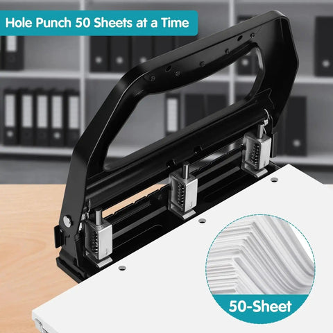 Beefed Up Heavy Duty 3 Hole Puncher For Binders With 9 By 32 Inch Holes, 50 Sheet Capacity on desk, side view, all metal construction
