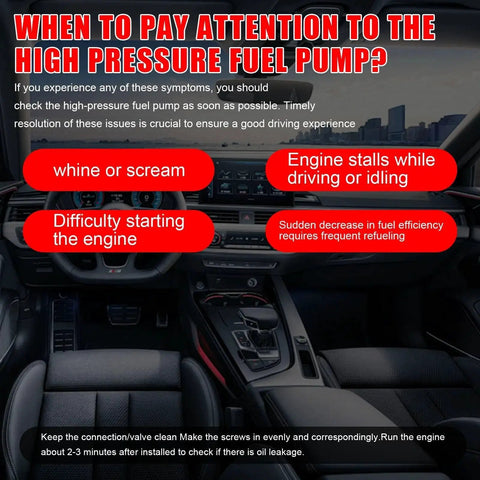 Signs of issues with high pressure fuel pump in a car interior, symptoms include whining, engine stalls, and reduced fuel efficiency.