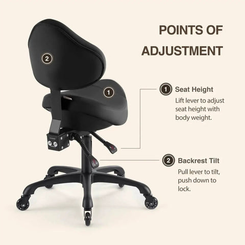 Side view of Pneumatic Swivel Saddle Chair With Wheels For Hair Stylists Dentists Hygienists And Spa Pros Ergonomic Back Support