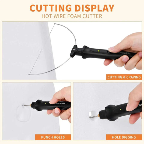 Versatile Hot Wire Foam Cutter Kit By Cooltop demonstrating cutting, hole punching, and digging on foam board