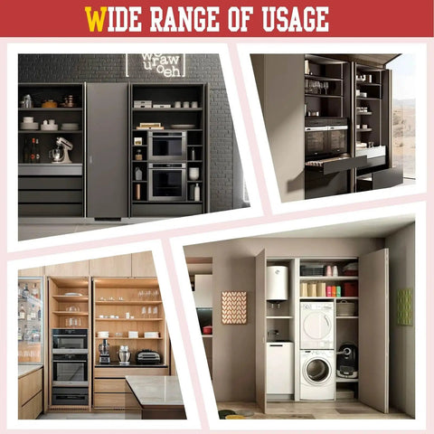 Cabinet installations using 16 Inch Pocket Door Slides With Hinges For Cabinets, Space Saving Sliding System in kitchen and laundry rooms
