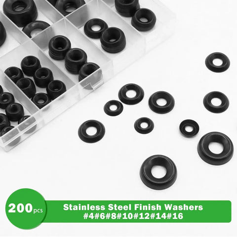 Black Finish Stainless Steel Countersunk Cup Washers Set, Heavy Duty 304 Stainless, Rust Resistant, Seven Sizes From Size Four To Size Sixteen