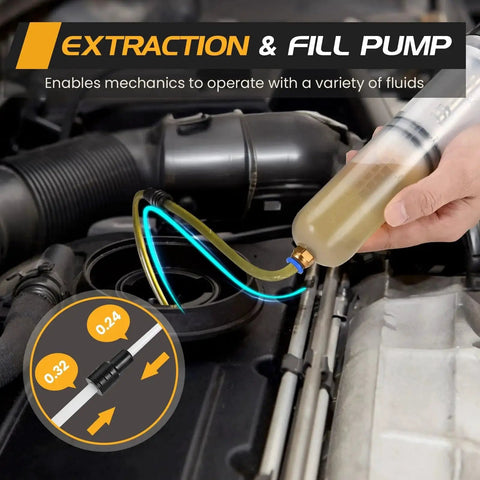 Syringe Style Fluid Evacuator Pump 200cc with dual hoses for oil change in use, extracting fluid from car engine.