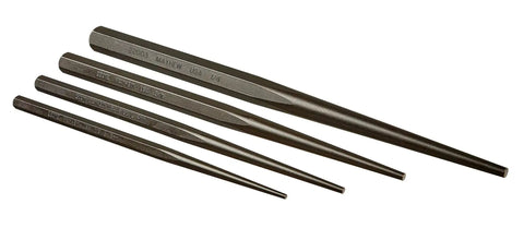 4 Piece Aligning Punch Set For Precise Hole Alignment Of Rivets Pins Or Bolts With Variable Point Shank Sizes And Tapers, Heat Treated Steel