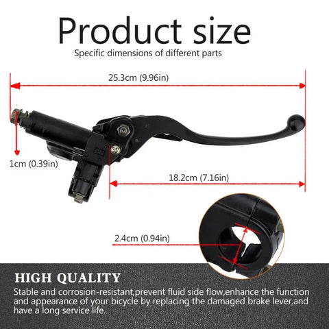 Seven Eighths Inch Left Hand Hydraulic Brake Lever Master Cylinder Fits Most 50cc To 250cc ATVs Quads Dirt Bikes Mopeds Scooters Replacement Part For Chinese Made Bikes, showing product dimensions and measurements in red lines.