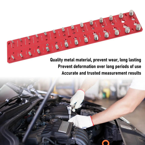 Nut And Bolt Thread Checker Set With 28 Hole Metal Gauge For Metric And Standard Threads Handy Size Finder For Nuts And Screws in red, displayed on a workbench.