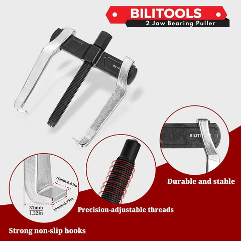 10 Inch 2 Jaw Gear Puller made from premium heat treated CR V steel, shown in close-up with strong non-slip hooks and adjustable threads.
