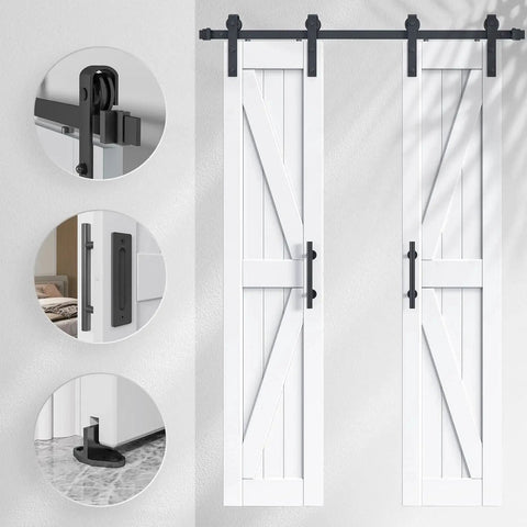 36 Inch By 84 Inch Double Barn Door With 6.6 Feet Sliding Door Hardware And Handle Included, DIY Assembly And Easy Install, Waterproof And Durable LVL Solid Wood Construction With White K Frame, Suitable For Interior And Exterior Rooms, showing front view and hardware details.