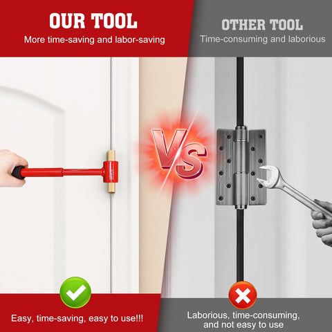Comparison of Four In One Pro Grade DIY Friendly Door Hinge Adjustment Tool Kit and regular wrench for gap alignment on door hinge.