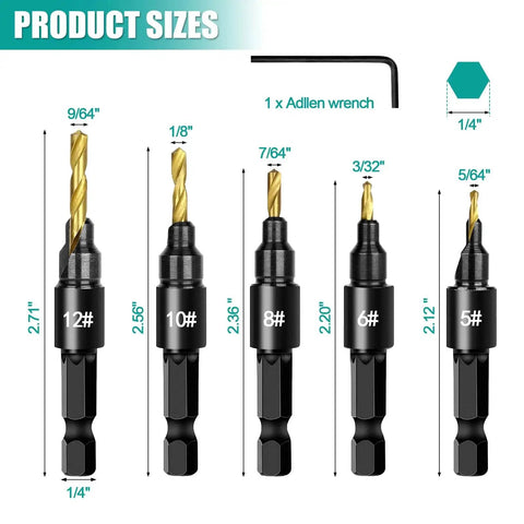 Five Piece Wood Countersink Drill Bit Set With Depth Stop And Adjustable Length For Precise Wood Finishing Includes Sizes 12 10 8 6 5 With Hex Key Pro Grade By OAOJUBR shown with size measurements and hex key.