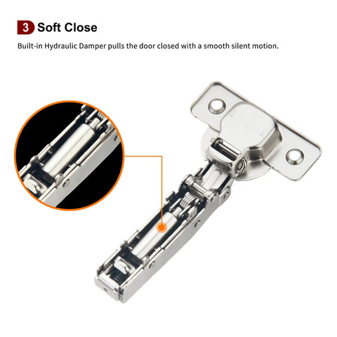Close-up of Two Pack Full Overlay Frameless Soft Close Concealed European Cabinet Hinge with hydraulic damper, silver metal.