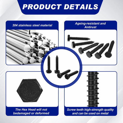 60 Pack One Quarter Inch By One And A Half Inch Hex Head Lag Screws For Wood 304 Stainless Steel Black Finish Hex Head Bolts