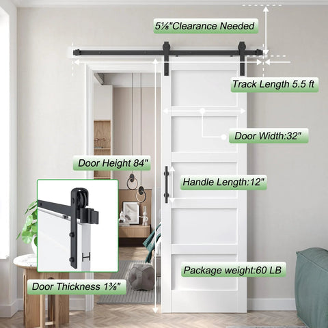 White 30x84 Inch Barn Door With 5.5 Foot Sliding Hardware Kit Included And Handle Solid Wood And MDF Core With PVC Surface Easy DIY Assembly 5 Panel Design Fits 27 To 28 Inch Opening