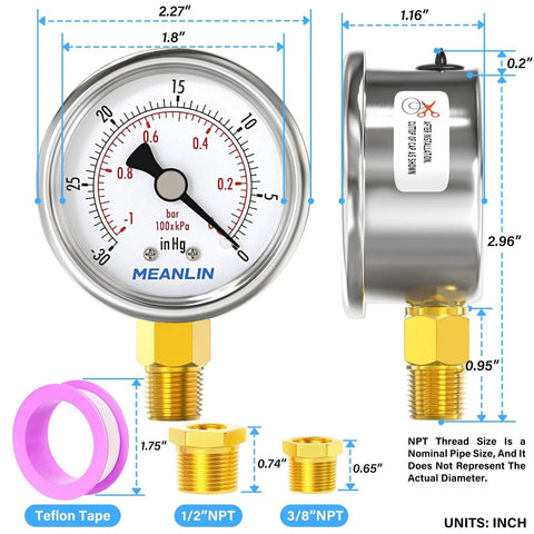 Stainless Steel Vacuum Gauge For Air Compressors And HVAC, Two Inch Dial, One Quarter Inch NPT, Waterproof Lower Mount, with accessories
