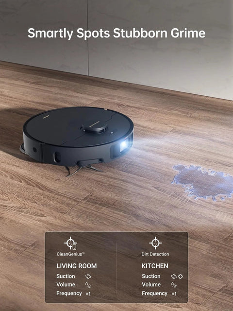 DREAME X40 Ultra robotic vacuum on wood floor, dark gray, near a wet spill.