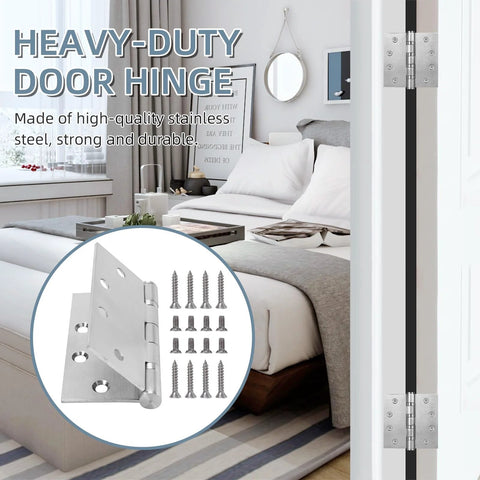 Door hinge set, 4.5-inch heavy-duty stainless ball bearing hinges, square corners, brushed nickel, 6-pack with screws.