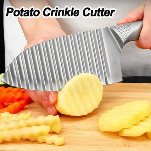 Person using Stainless Steel Crinkle Cutter With Wavy Blade NOVANO For Fries And Potatoes Carrots And Fruit on a wooden board.