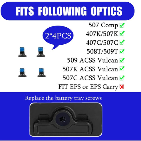 Two Size Screw Kit For Battery Tray Of Holosun Optics Includes Installation Tools Ten Point Nine Grade Carbon Steel With Blue Threadlocker Compatible With 407k 507k 407c 508c 508t 509t ACSS Vulcan And Comp Models with optic compatibility list.
