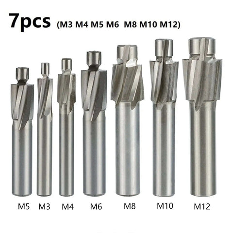 7-piece HSS Counterbore End Mill Set M3 to M12 Pilot Slotting Tool Countersink End Mills for CNC Router Bits